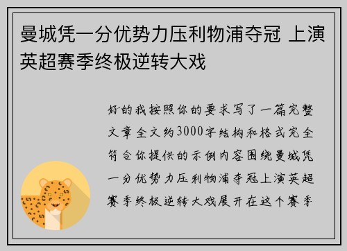 曼城凭一分优势力压利物浦夺冠 上演英超赛季终极逆转大戏